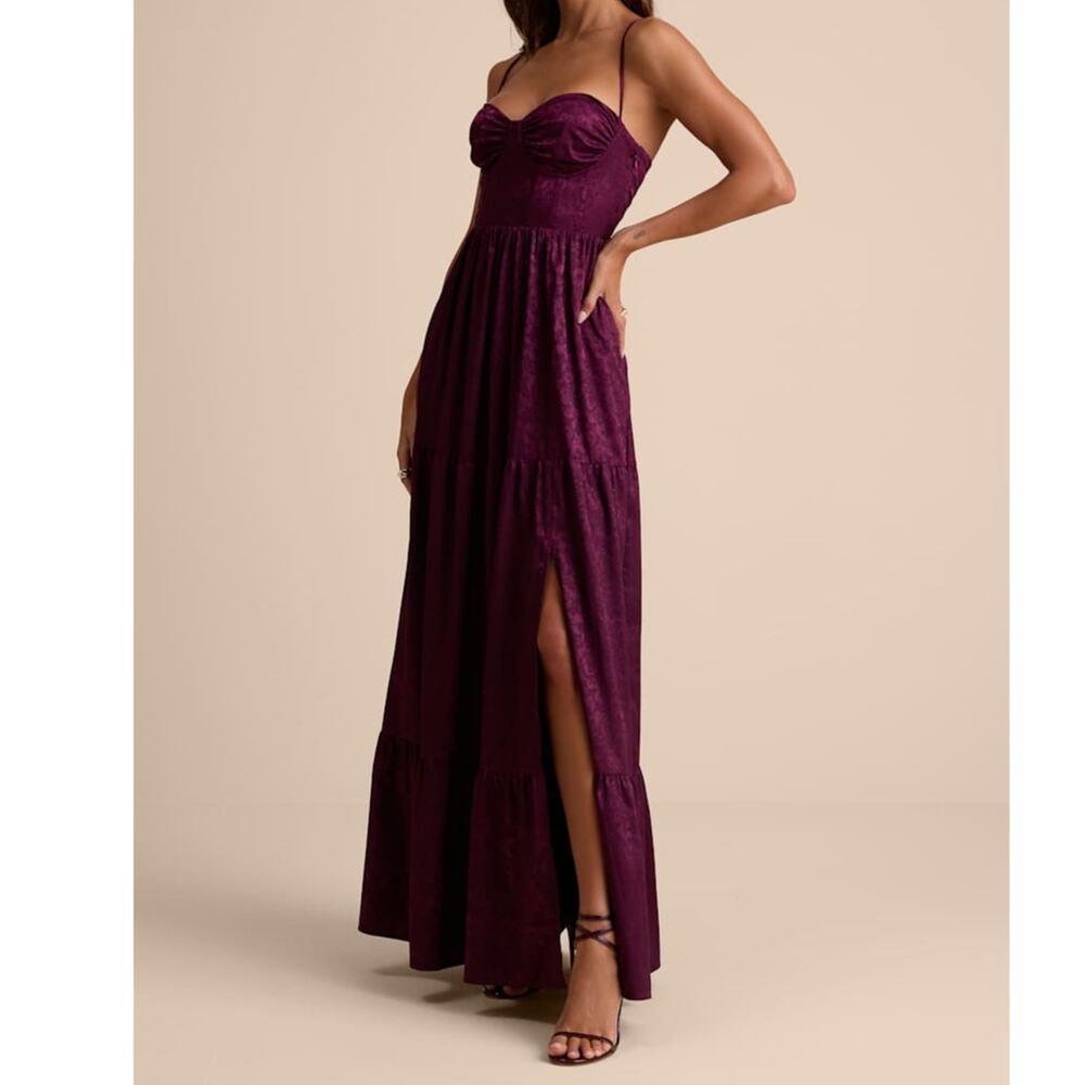NEW Lulus Vasilia Plum Purple Satin Jacquard Full Tiered Corset Maxi Dress Small